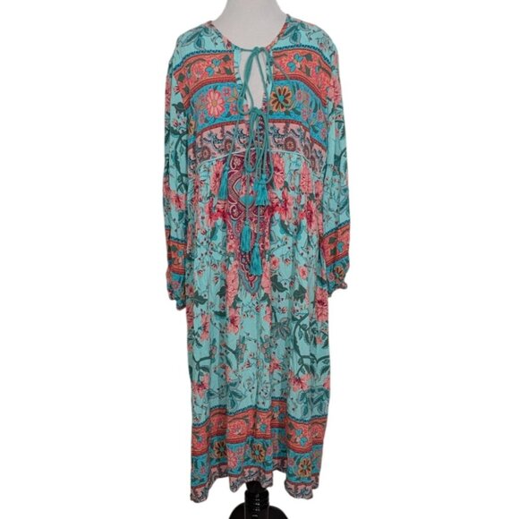 R Vivimos Mixed Floral Midi Dress Womens Size 2XL Blue Tassels Boho V Neck - Picture 1 of 11